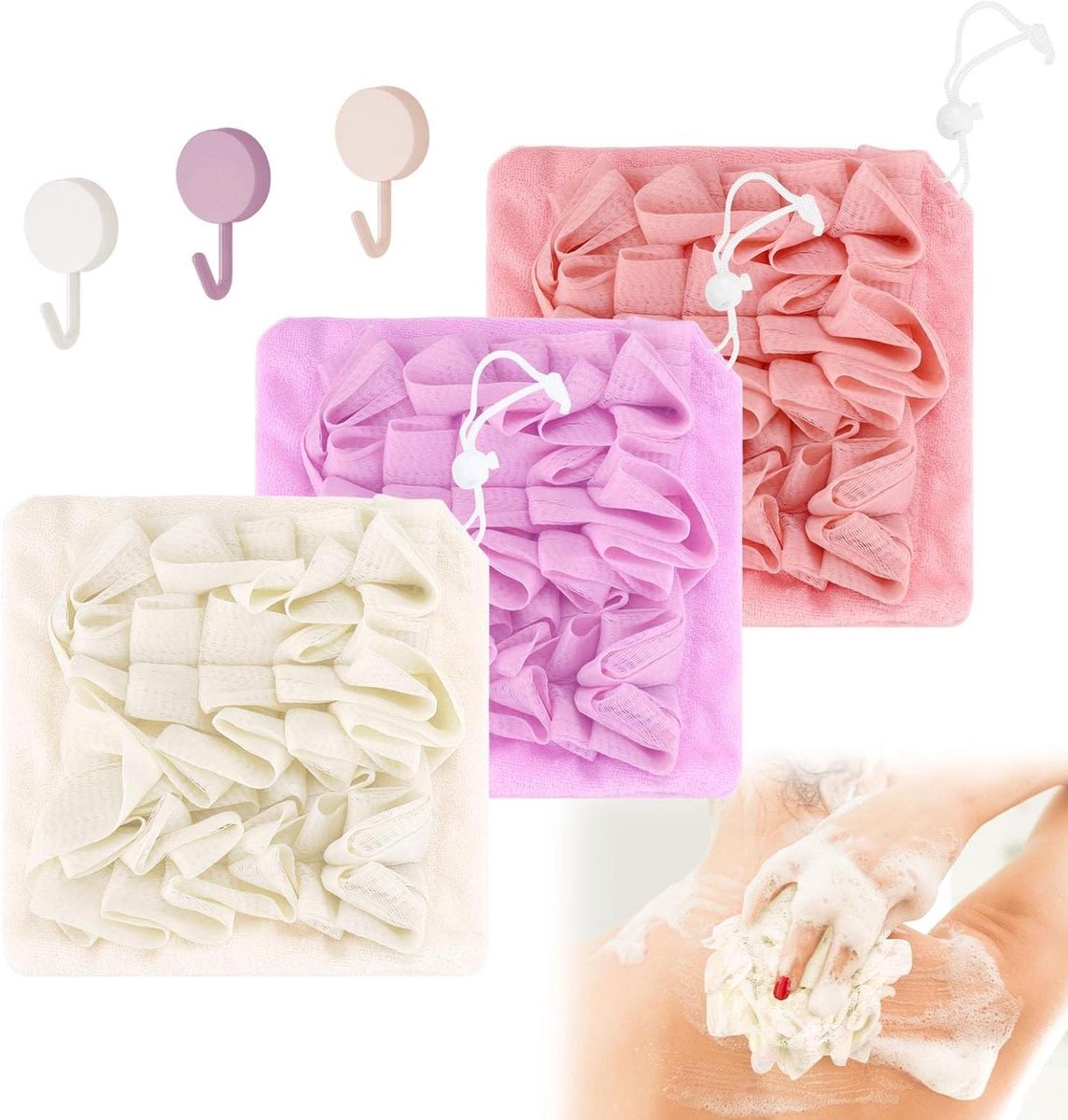 Loofah Washandje Combo - Douche Spons Zeepzakje - Huid Peelen - 2-in-1 Zeephouder - 3 stuks - Multicolor