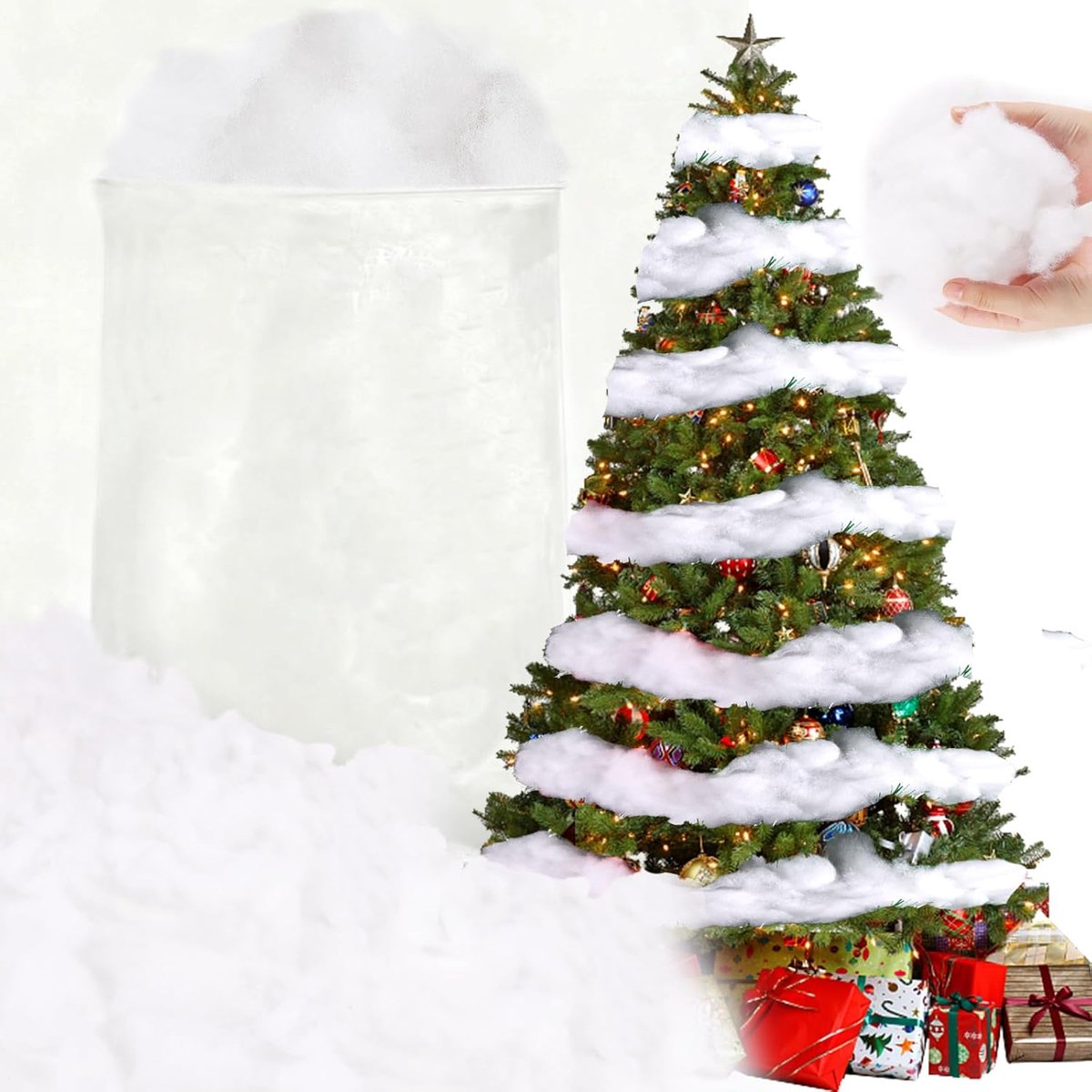 Kunstsneeuw, sneeuwkatoen, voor kerstboom, decoratief katoen, hoge elasticiteit, zacht en pluizig, kerstdecoratie voor boom