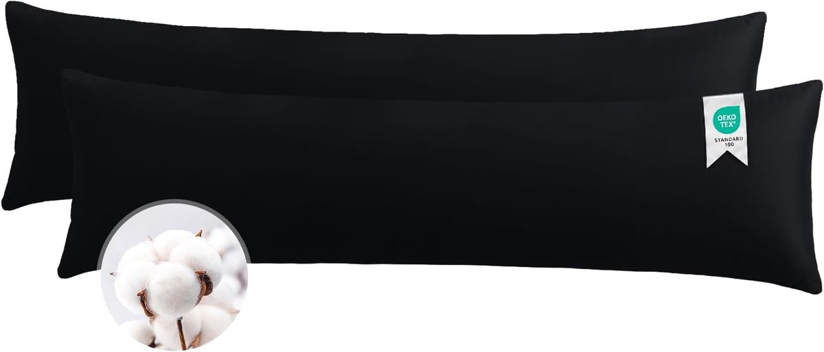 Zijslaapkussenovertrek 40 x 145 katoen 2-delig Zwart - zachte kussenovertrek 40x145 met ritssluiting, 40x145cm Pillow Cover Pillowcase