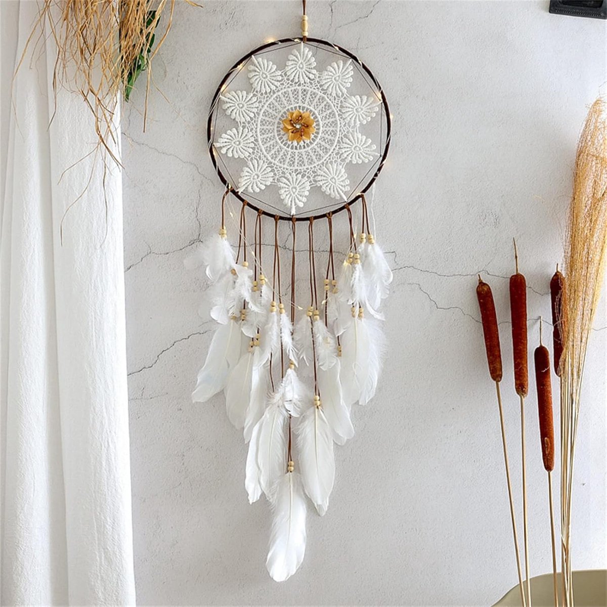 dromenvanger boho met witte veren, macramé om op te hangen, ideaal voor vintage bruiloft of woondecoratie, cirkel 25 cm en 75 cm, wit