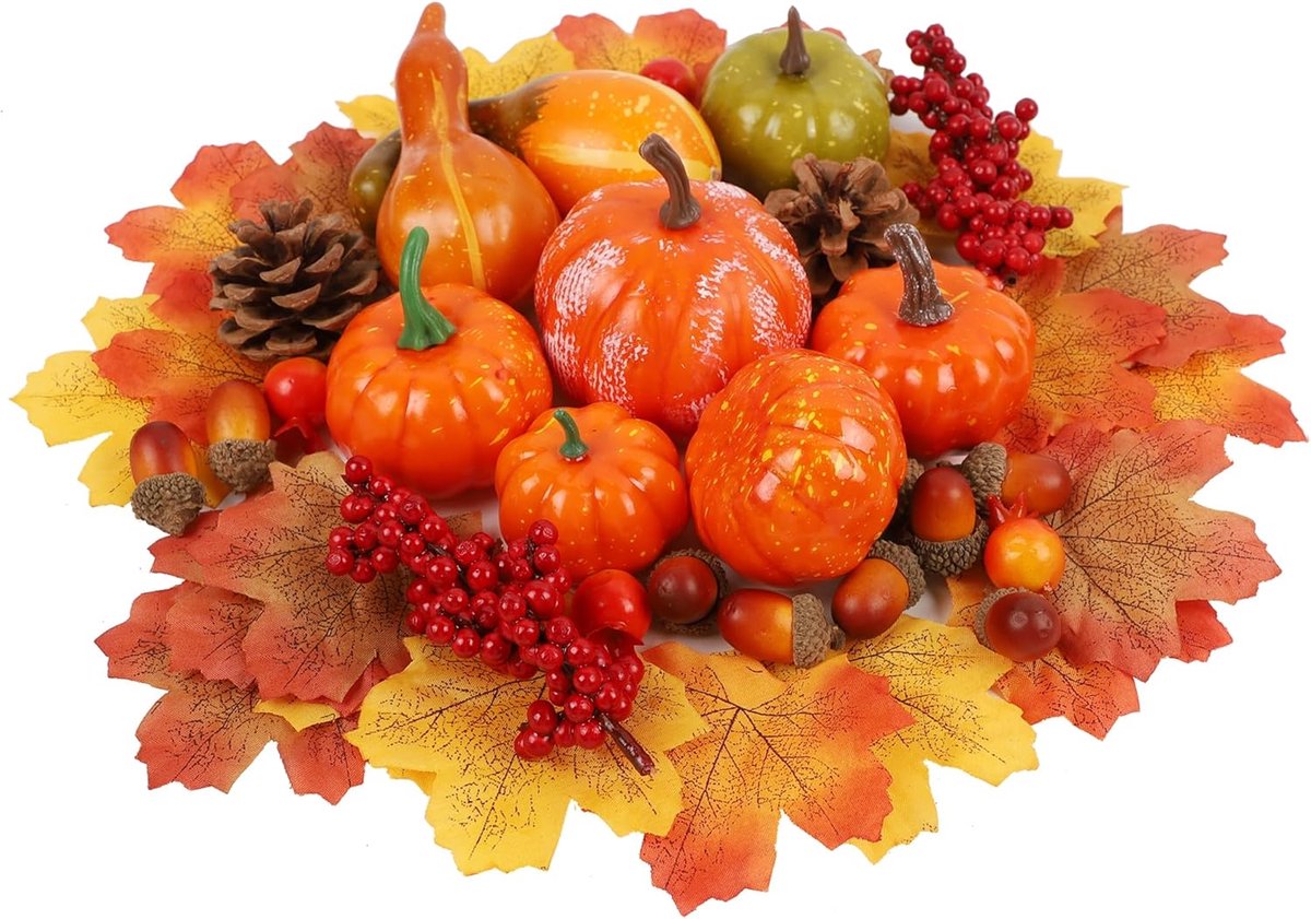 winemana Thanksgiving Harvest Mini kunstmatige pompoenen, 30 esdoornbladeren 10 eikels 2 dennenappels 8 pompoenen 2 rode bessen 5 granaatappel pompoen decoratie voor herfst herfst oogstdag, set van 57