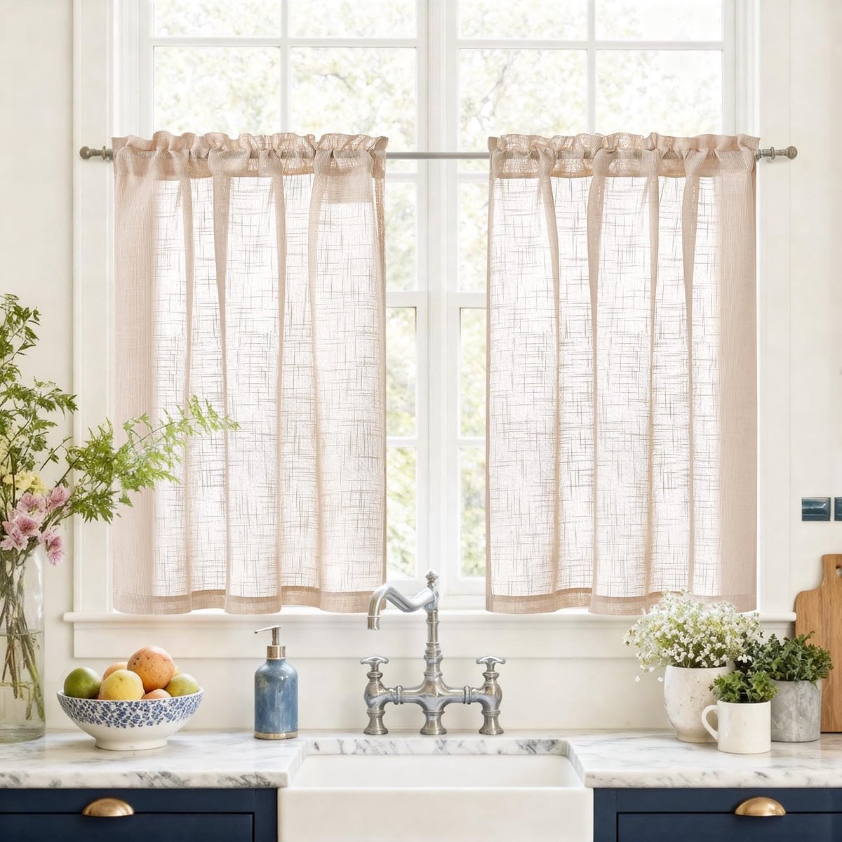 Vitrage keuken, voile, bistrogordijn, set van 2, 65 x 90 cm, landelijke stijl, taupe, gordijnen, kort, modern, raamgordijnen met stangdoorgang, halftransparant, korte gordijnen voor woonkamer