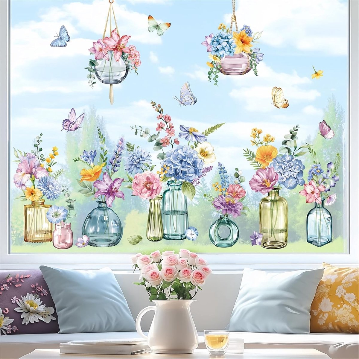 decalmile Raamsticker, lente, zomer, tuin, bloem in pot, vaas, dubbelzijdig, blauwe en paarse veldbloem, vlinders, tegen botsingen, glas, venster, deuren