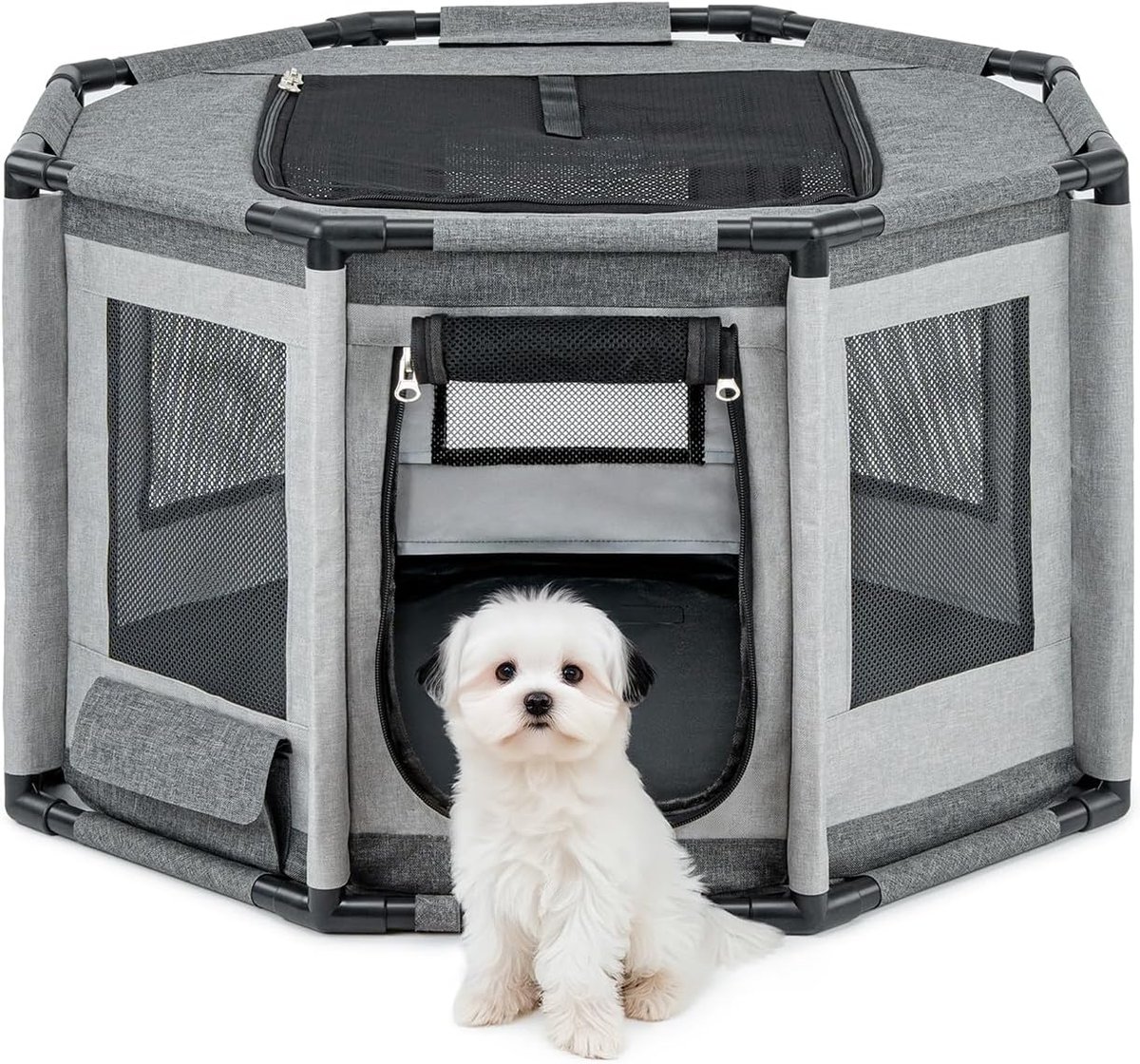 lionto Puppyren van Oxford-stof, ademend gaas met rits & zijvak, speelren voor honden & katten met PVC-buizenframe, achthoekige hondenkooi, 72x72x43 cm, grijs