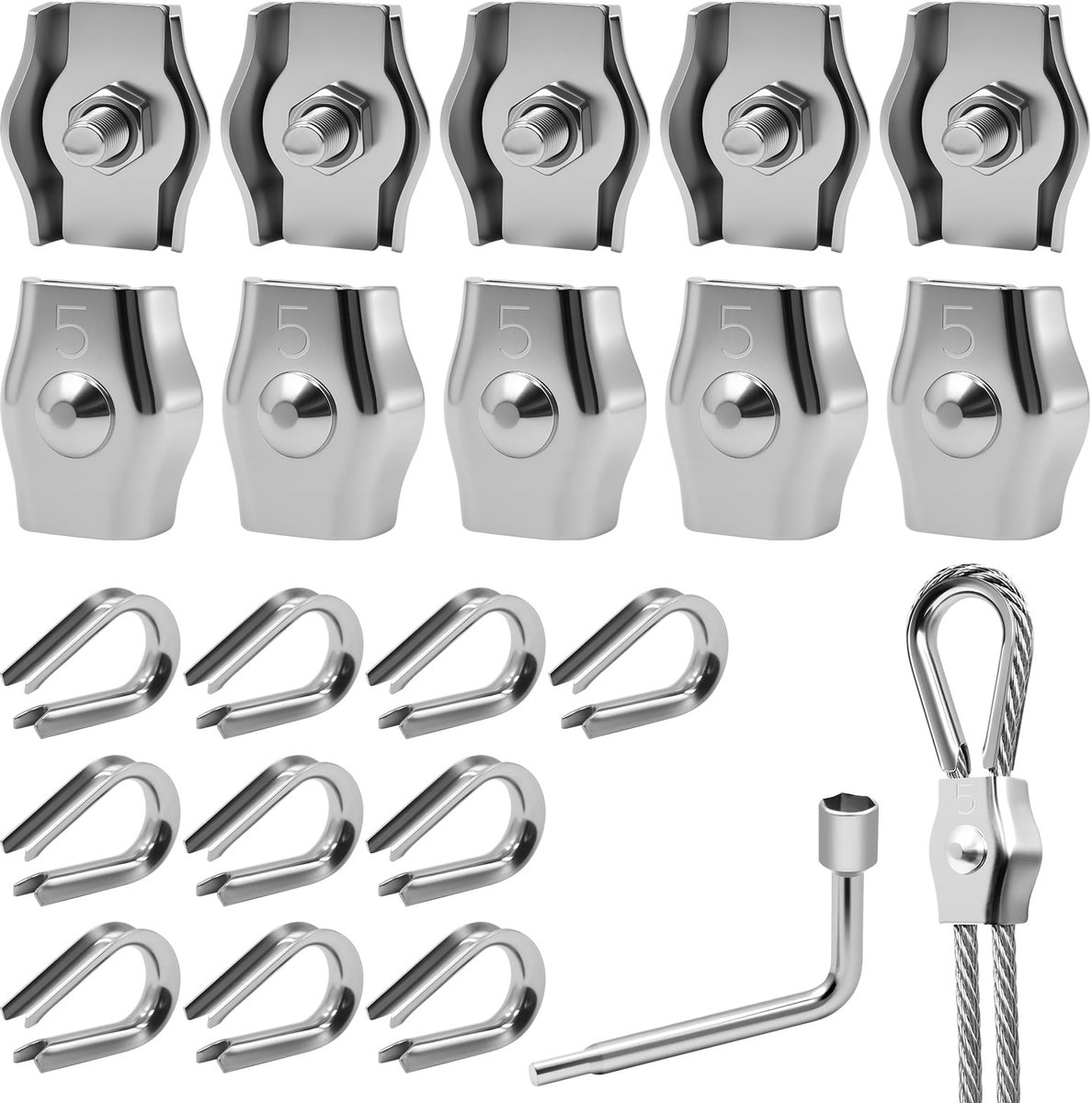 Draadklem Set met 10 Draadklemmen 5mm & 10 Staaldraadkousen 5mm & Moersleutel, 304 Roestvrij Staal Staaldraadklem voor 5mm Staalkabel, Waslijn, Markieze