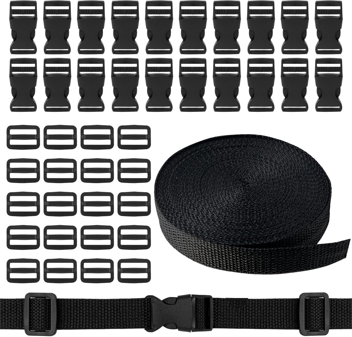 10 M nylon singelband met 20 paar gespen, 20 mm zwarte nylon riemen met snelsluiting voor rugzak, bagageband, hondenhalsband