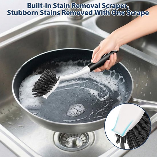 Afwasborstel,2 stuks Duurzame Borstel Keukenborstel, Antislip Handgreep met Schraper, voor Keuken, Badkamer, Tegels en Pannen met Ergonomische Grip,Zwart — afbeelding 2