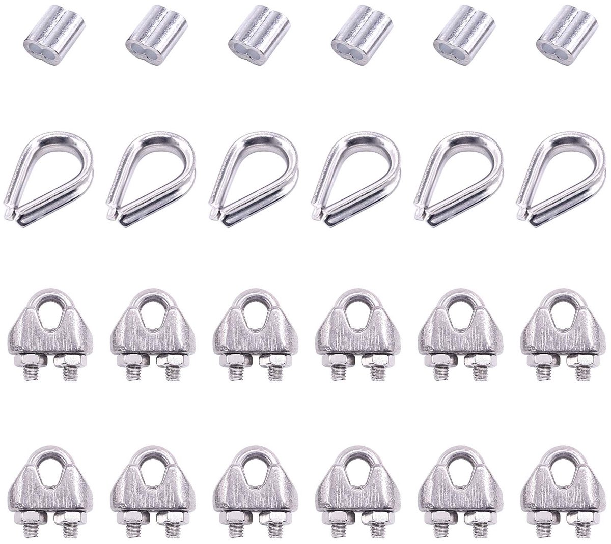 24 Stks M2 Draad Kabel Clip Klem met Kabel Vingerhoedjes Combo en Aluminium Krimplus Mouw Set voor Draad Kabel Vingerhoedjes Rigging (5/64 ''Draad Touw Clips Set)