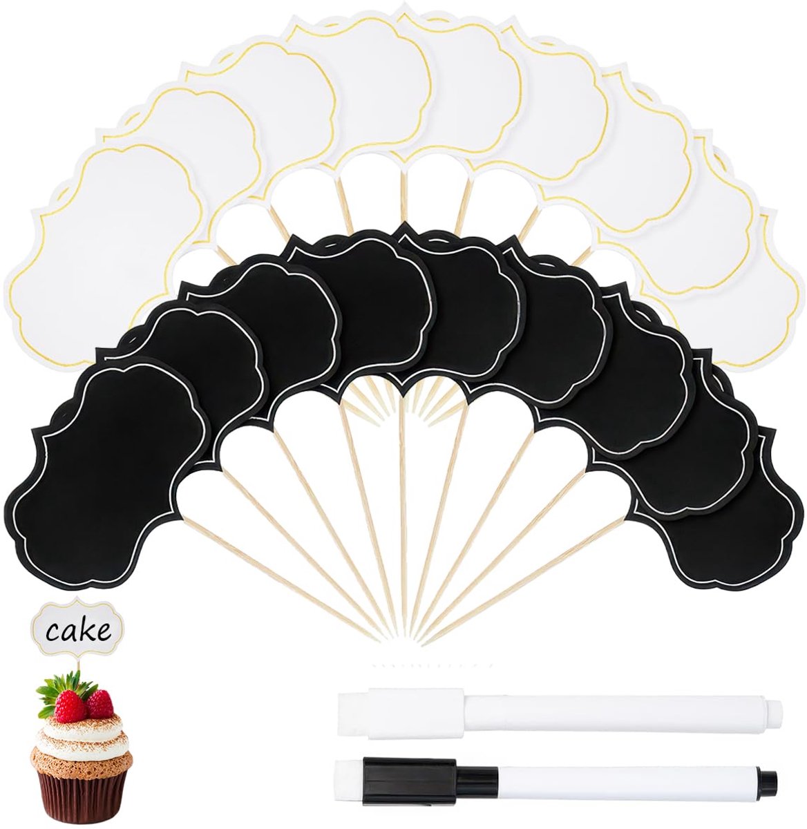 100 Stuks Vlaggetjes Om Op Te Schrijven voor Buffet, Vlaggetjes voor Buffetlabels, Kaasmarkers met 2 Uitwisbare Stiften, Buffet Labels voor Cupcakes, Taarten, Feesten, Prijskaartjes
