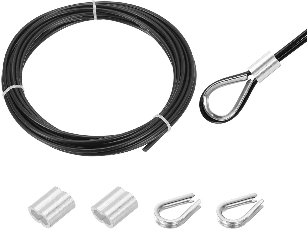 Kabel van roestvrij staal 304, 3 mm, met vinyl gecoat, met 2 aluminium hulzen en oogje voor leuningen, afdekkingen, voor het ophangen van kledinglijnen, zwart, 5 m