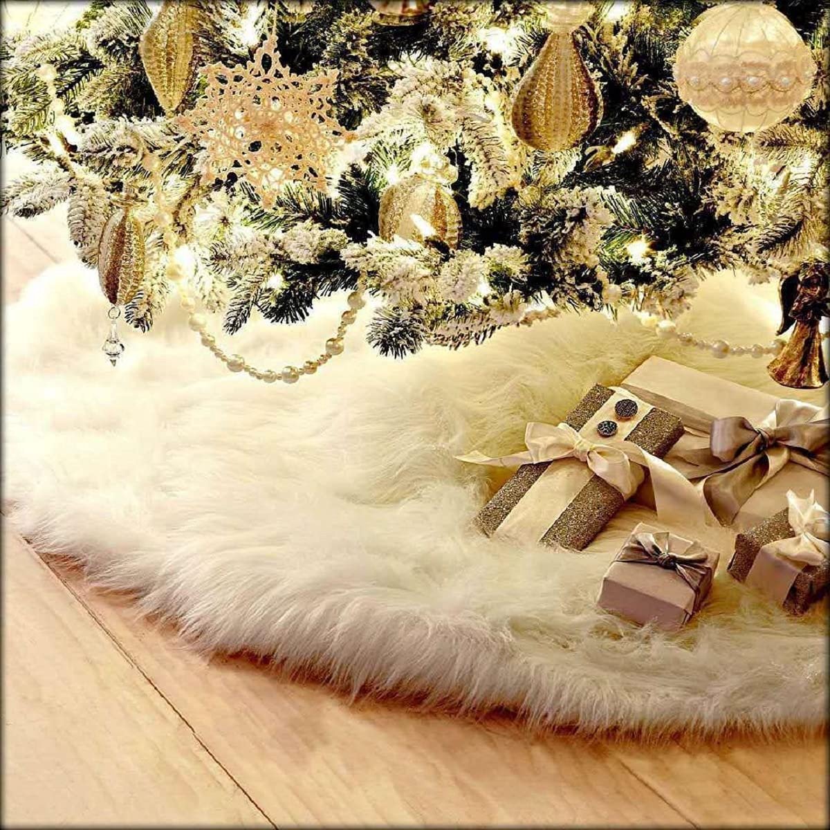 Kerstboom Rokken, Kerstboom Rok Wit, Rieten kerstboom Rok, Pluche Boom Rok, Faux Bont Kerstmis Thanksgiving Nieuwjaar Decoraties (Wit, 120cm)