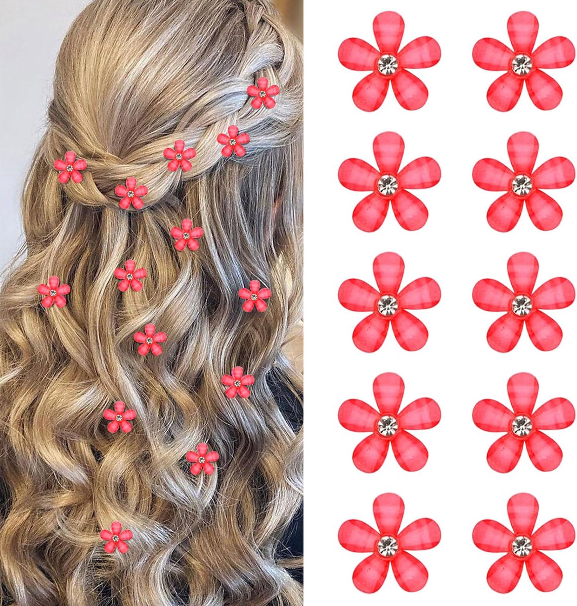 10 stuks rode mini bloemen haarspelad met strass, schattige en decoratieve haarspelad voor de bruiloft