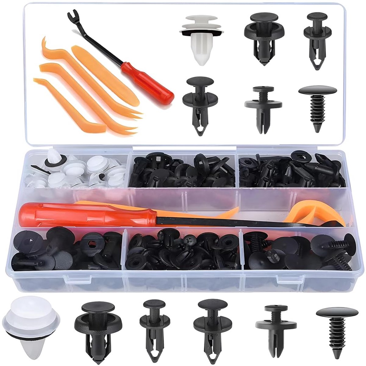 155 stuks clipbox voor auto, clipset voor auto met gereedschap, auto, 6 soorten clips, bevestiging van deurbekleding, deurbekleding, set voor bumpers van kunststof