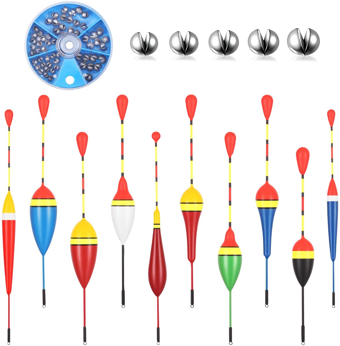 Dobbers, hoge gevoeligheid, zwemmers, hengels, dobbers, dobbers, set voor forel, karpers, verschillende vismaten in meren of vijvers