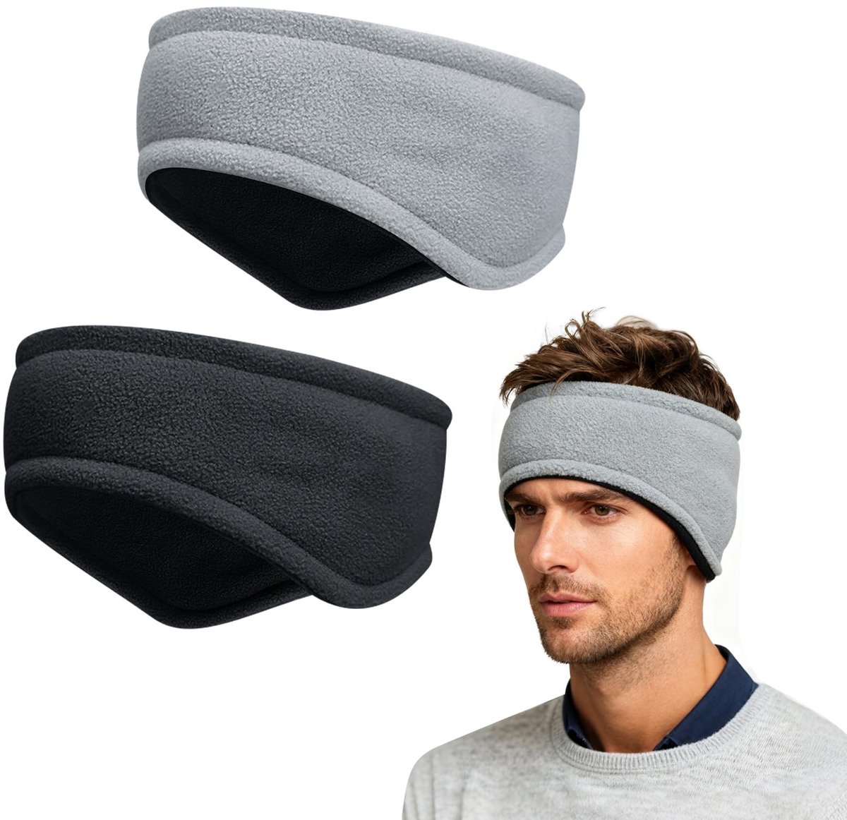 Hoofdband voor dames en heren, winter, 2 stuks, oorwarmers, windstopper, oorbeschermers, haarband voor heren, hoofdband, hoofdbanden voor joggen, fietsen, motorrijden, zwart + grijs