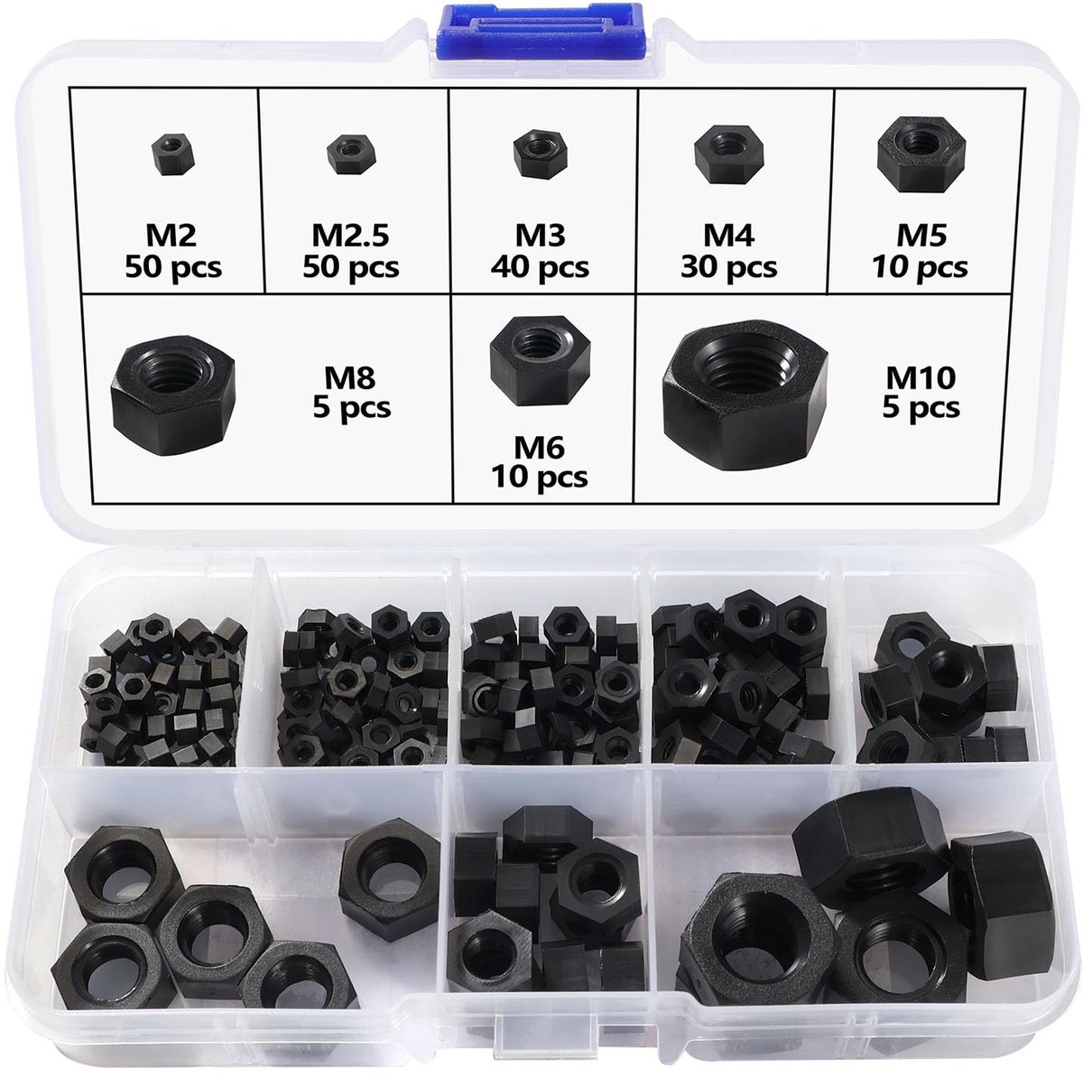 200 Stuks M2/M2.5/M3/M4/M5/M6/M8/M10 Metrische Draad Zeskantbevestiging, Nylon Zeskantmoeren, Kunststof Zeskantmoer, Zwart
