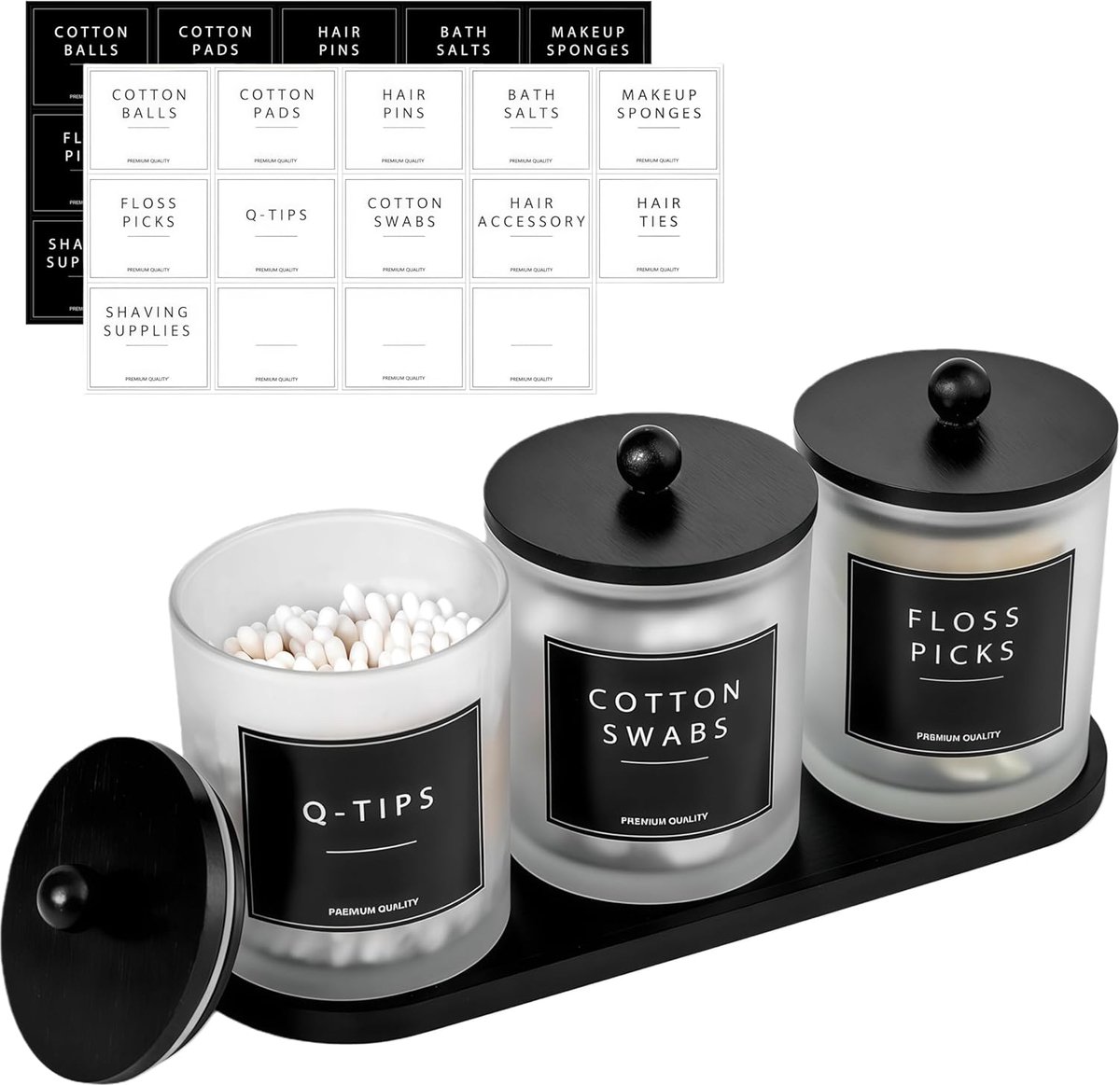 SnelShoppen - Glazen Wattenstaafjes Houder Badkamer Organiser Set met Dienblad - Makeup Organizer voor Wattenstaafjes en Wattenpad - 3-delig Eco-vrien