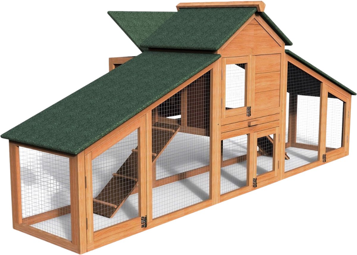 KIRA® Kippenhok Met Ren - 2 Niveaus - Kippenren - Kippenhok - Bruin - ‎211cm x 85cm x 85cm