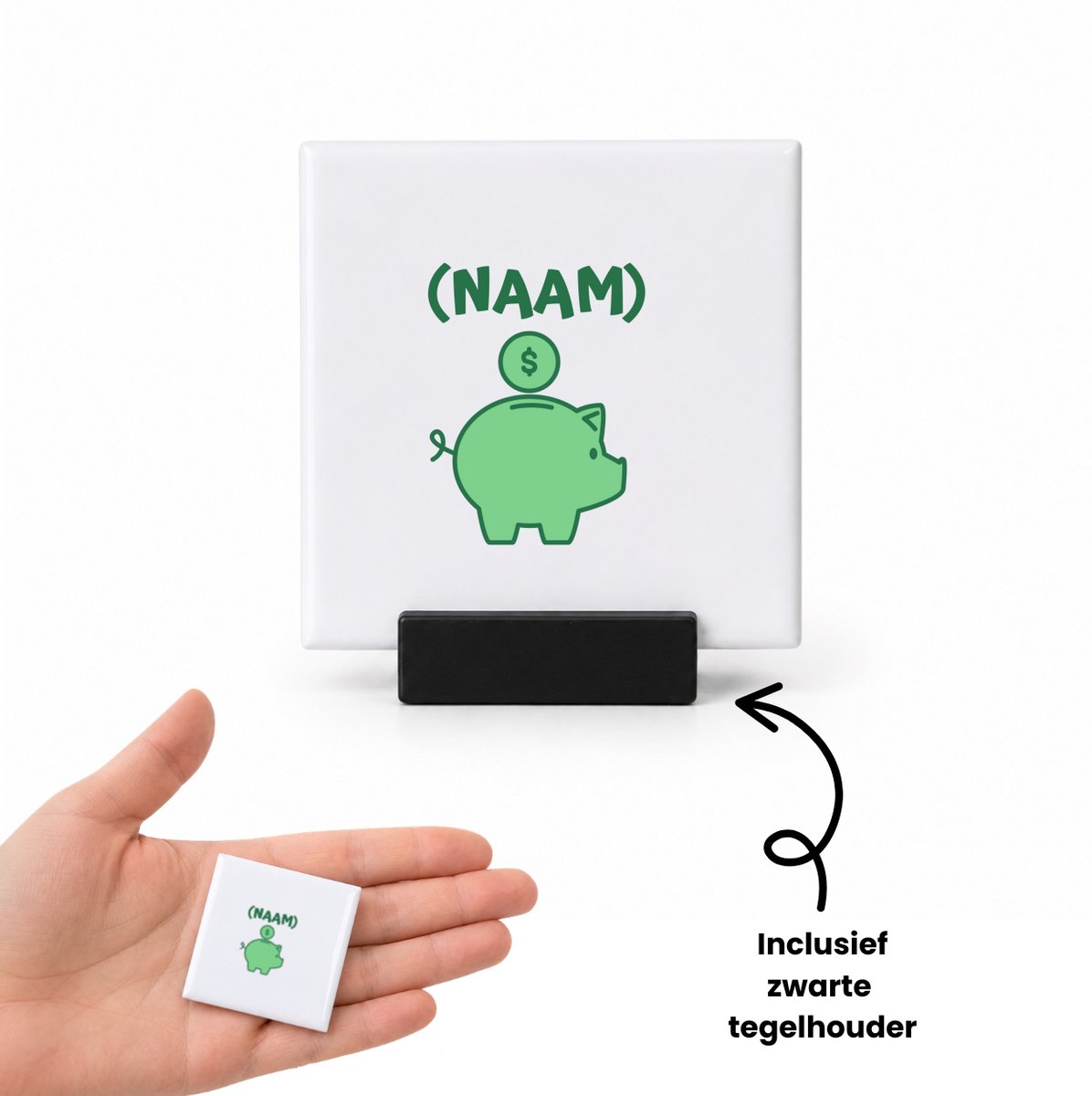 Hacebo Groene piggy bank met eigen naam tegeltje met tegelhouder - Varken - iemand die van geld houdt - tegeltjes met tekst - cadeau voor iemand die houdt van geld - verjaardagscadeau - gift - geschenk - spreuktegels - 4.8x4.8 CM Wit