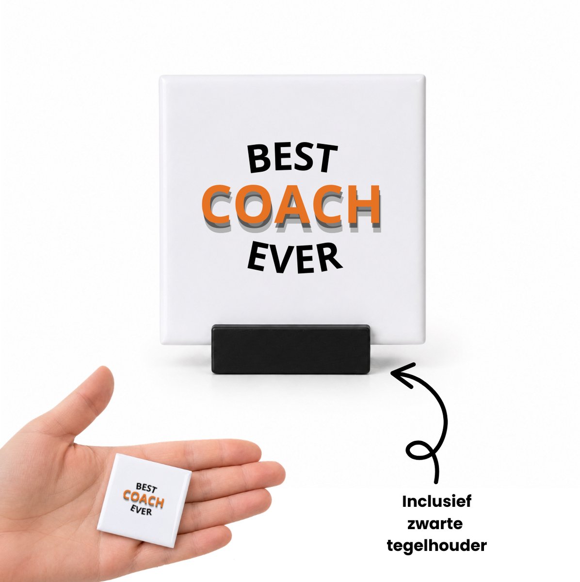 Hacebo best coach ever tegeltje met tegelhouder - Coach - een coach - tegeltjes met tekst - sport - verjaardagscadeau - klein cadeautje - kado - gift - spreuktegels - 4.8x4.8 CM Wit