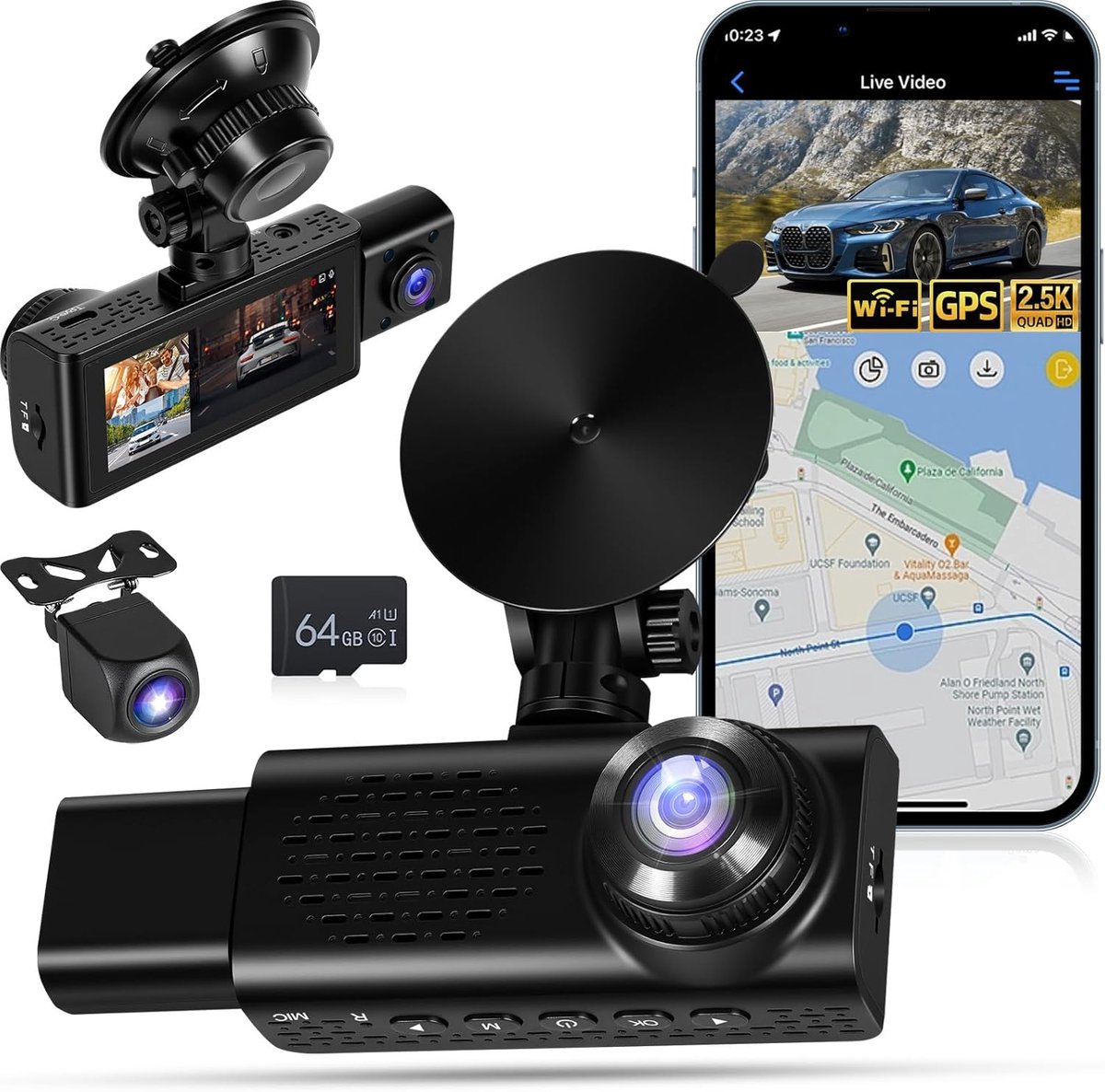 SnelShoppen - Dashcam 360° 2.5K met Voor- en Achtercamera, Indoor Camera, WiFi, GPS, Nachtzicht, G-Sensor, 64 GB, Auto VCR, Volledige Dekking