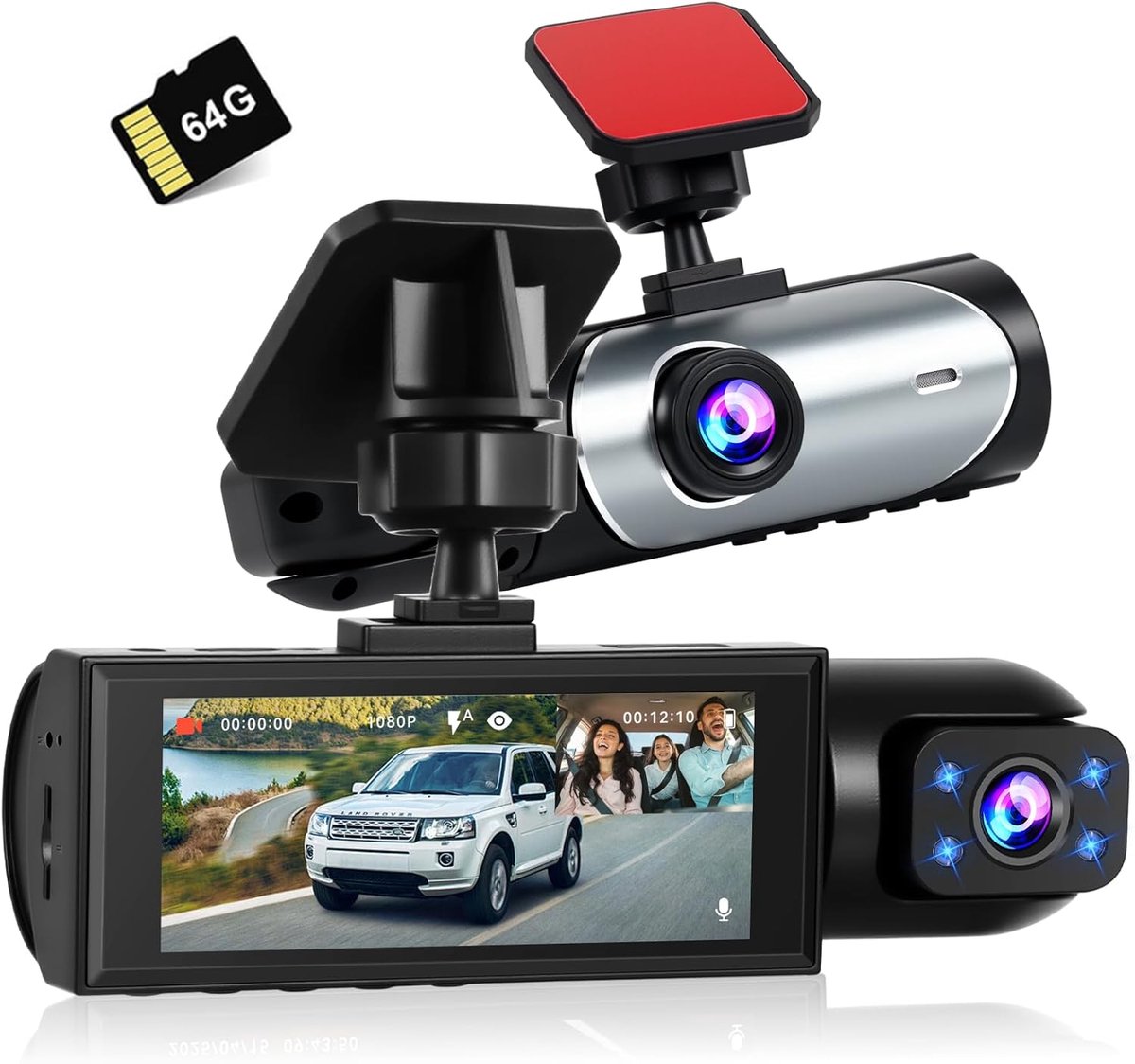 SnelShoppen - Dashcam 3,16 inch Full HD 1080p, Mini Autocamera met 64 GB Geheugenkaart, Dubbele Lens Voor en Achter, Nachtzichtfunctie en Lusopname