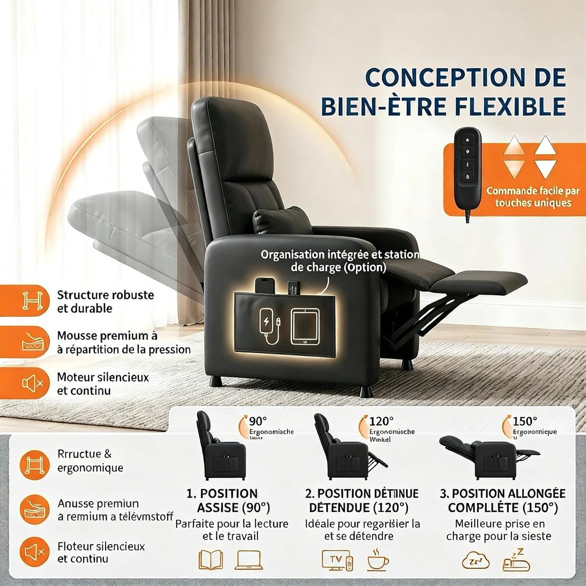 Elektrische Relaxstoel met Massage en Verwarming - Verstelbare TV-fauteuil (90°-150°) - PU-Leer - Geheugenfunctie - Grijs - Max. 136 kg – foto 7