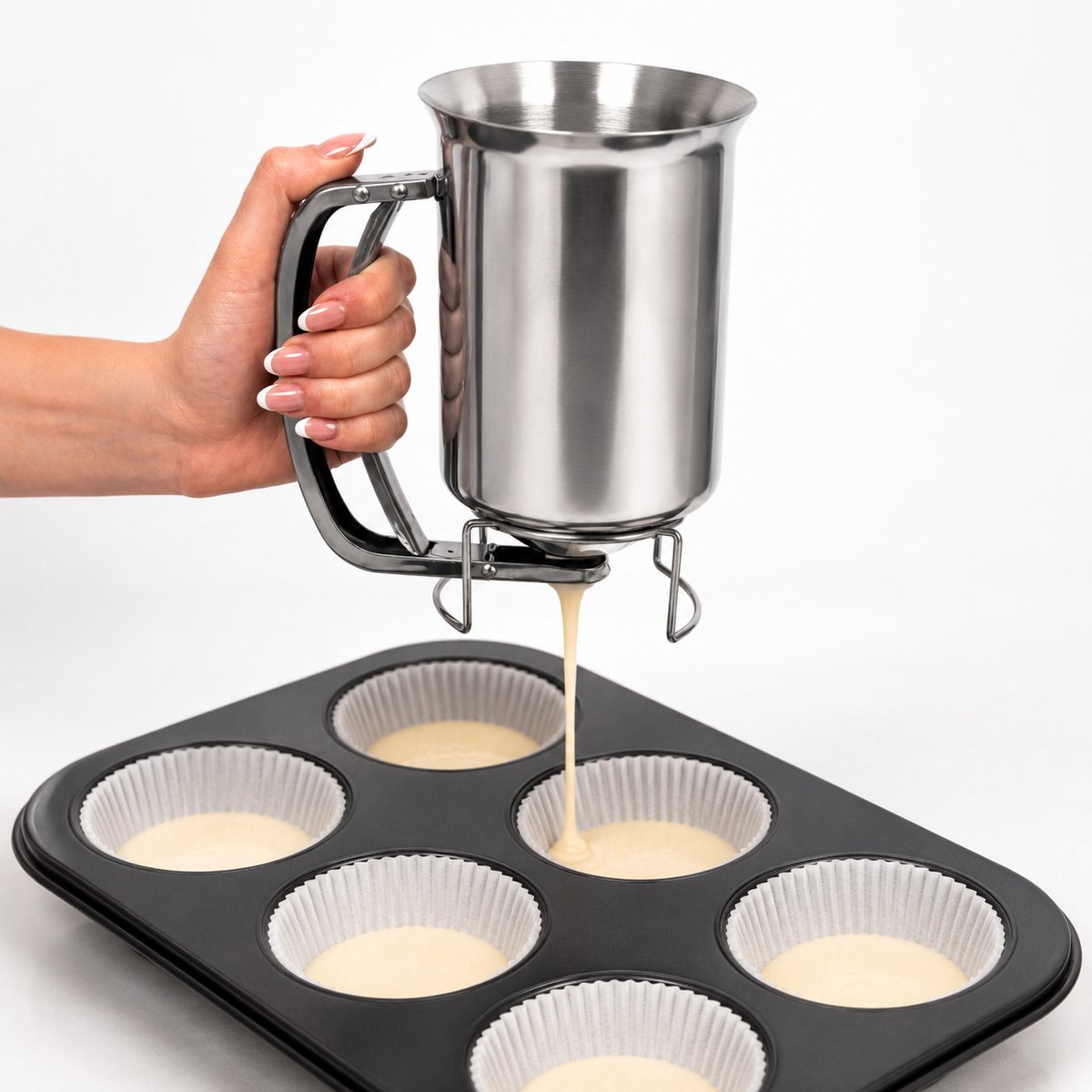 ZoeZo Beslagdispenser 10 x 15 CM - RVS Trechter - Deeg Dispenser - Doseertrechter - Met Knijphendel - Doseren van Pannenkoeken, Cupcakes en Wafels