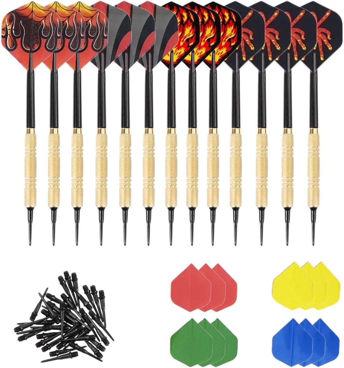 SnelShoppen - 12 x Dart Flights Set met 24 Extra Flights en 8 Designs, 100 Plastic Dart Tips voor Darts en Dartboards, Ideaal voor Beginners en Ervare