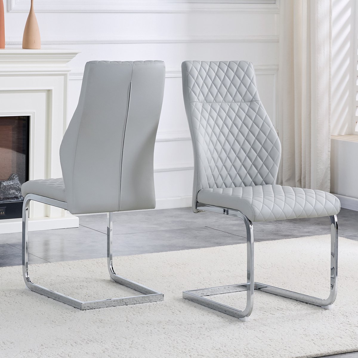 COVREO Eetkamerstoel set van 2 43 x 63 x 100 cm - lichtgrijs kunstleer, metalen onderstel