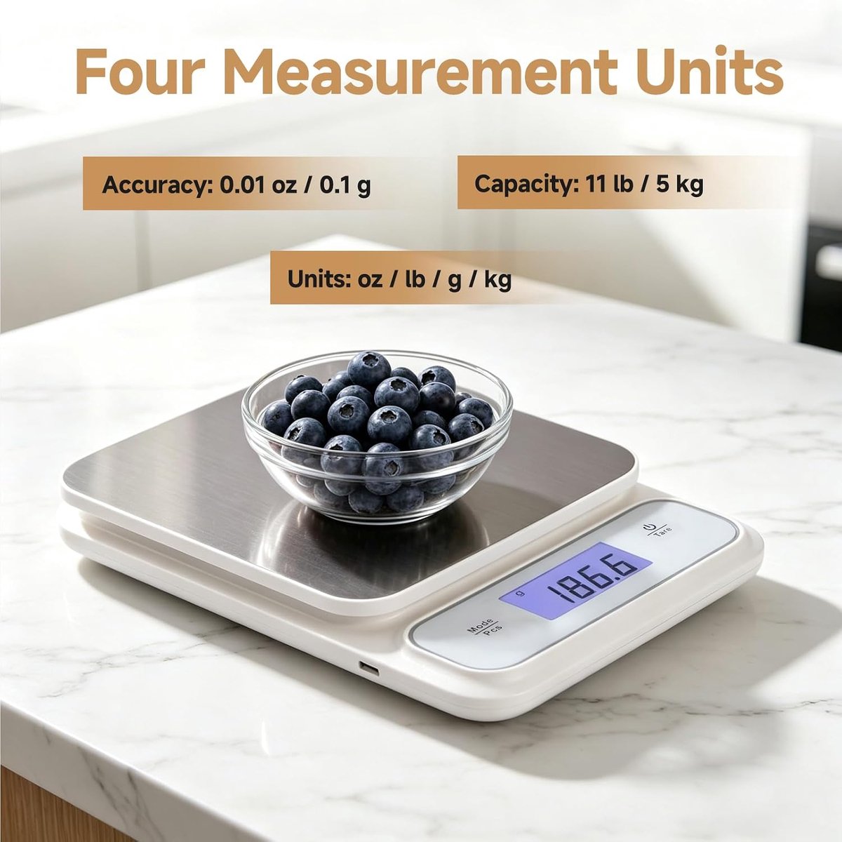 SnelShoppen - Digitale Keukenweegschaal 5 kg, 0,1 g Nauwkeurig, Oplaadbaar met Lithiumbatterij, Tarrafunctie, LCD-Display, Keuken, Bakken, Koken, Comp