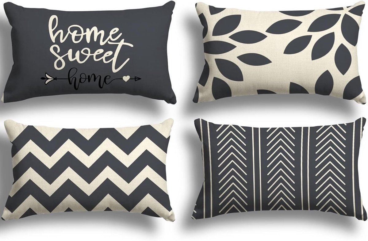 SnelShoppen - Set van 4 Decoratieve Kussenslopen 30x50 cm, Zwart Grijs, Linnen, Voor Binnen en Buiten, Gezellig en Modern
