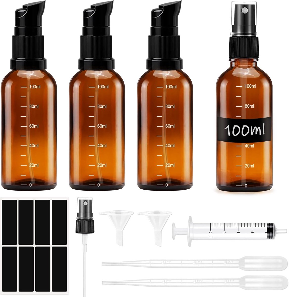SnelShoppen - 4Pcs 100ml Bruine Glazen Sprayflessen - Herbruikbare Atomizer Flessen met Syringe, Kleber en Druppelaars voor Aromatherapie, Verzorging