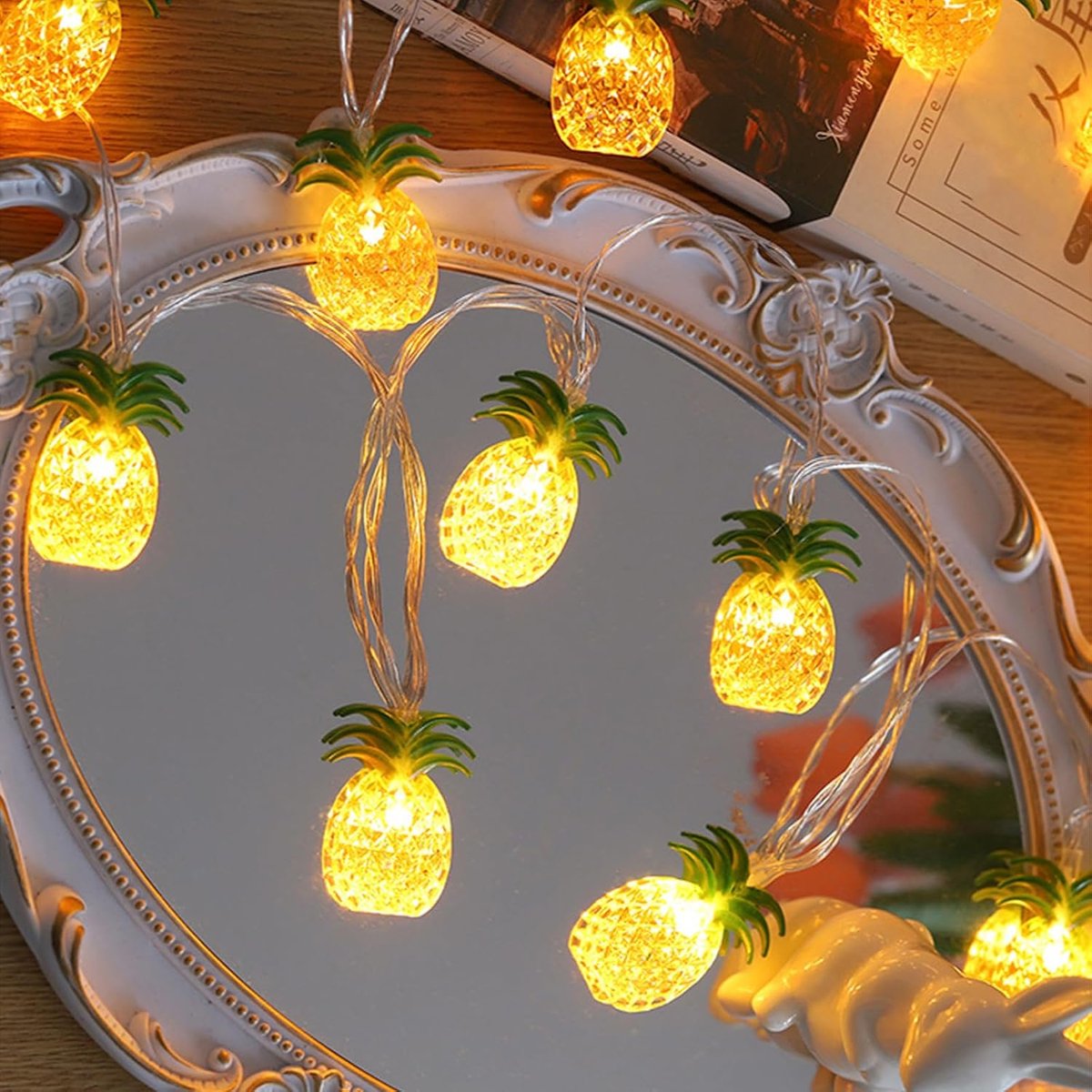 SnelShoppen - Ananas LED-lichtsnoer 5 meter, 30 warm gele LEDs, batterijvoeding voor feest, tuin, zomer decoratie, sfeervolle verlichting voor binnen