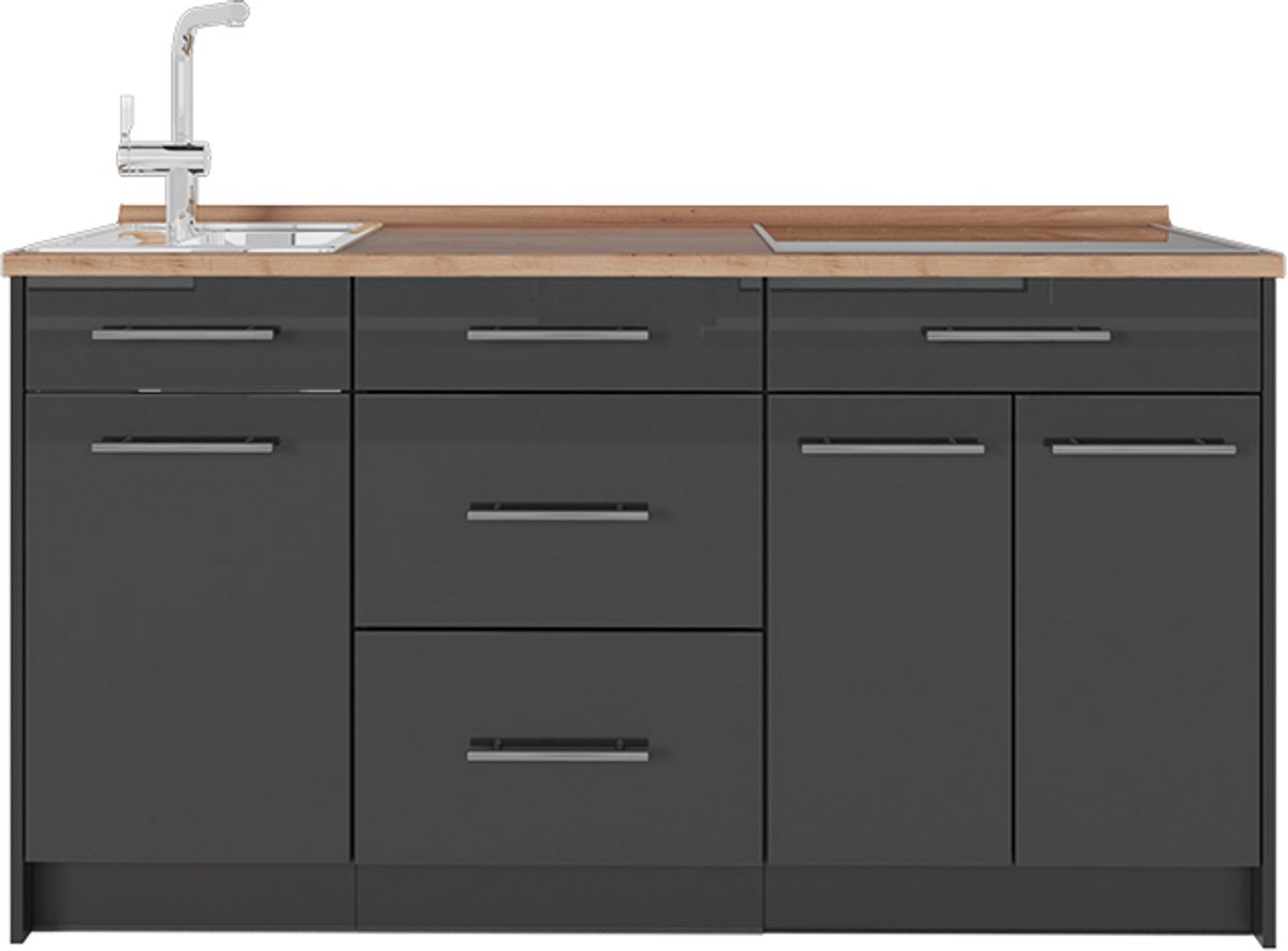 Vicco Keukenblok Fame-Line, Antraciet Hoogglans/Antraciet, 150 cm, WB Eik
