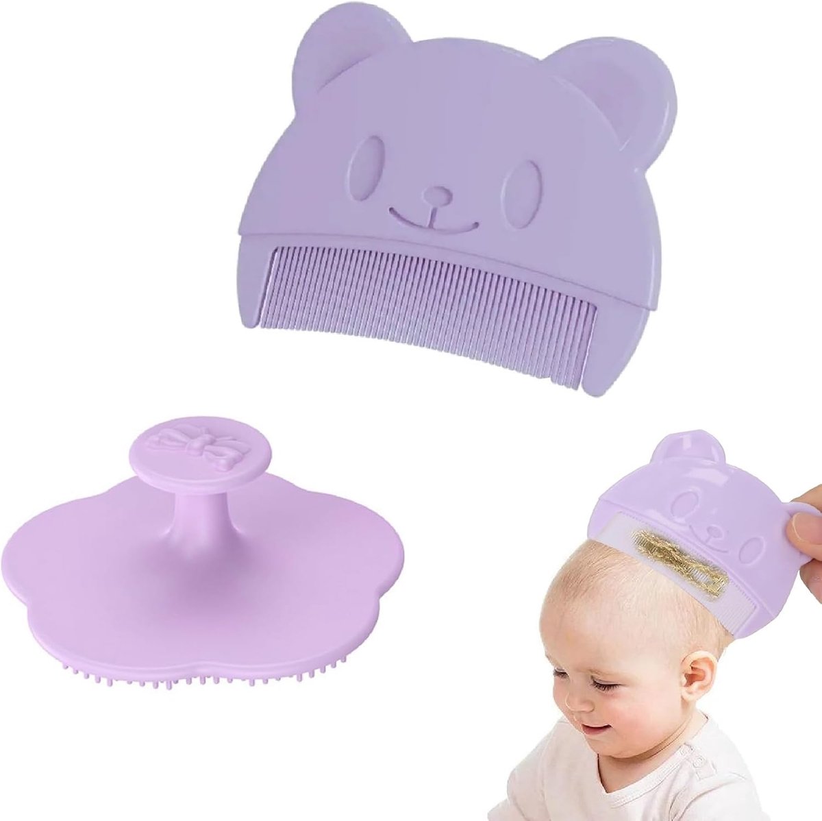 SnelShoppen - Baby Bath Brush Set - Silicone Kinderen Borstel & Kam, 2 Stuks, Geschikt voor Nieuwe Moeders, Zacht en Praktisch, Paares in Paars voor B