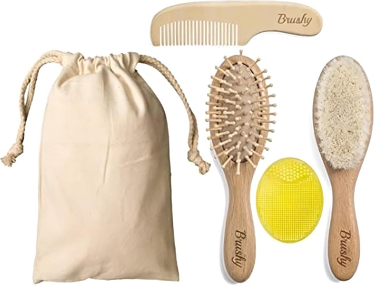 SnelShoppen - Brushy Baby Borstel en Kam Set, Natuurlijke Hout, Zachte en Milieuvriendelijke Verzorging voor Pasgeborenen, Meisjes en Kinderen, Ideaal
