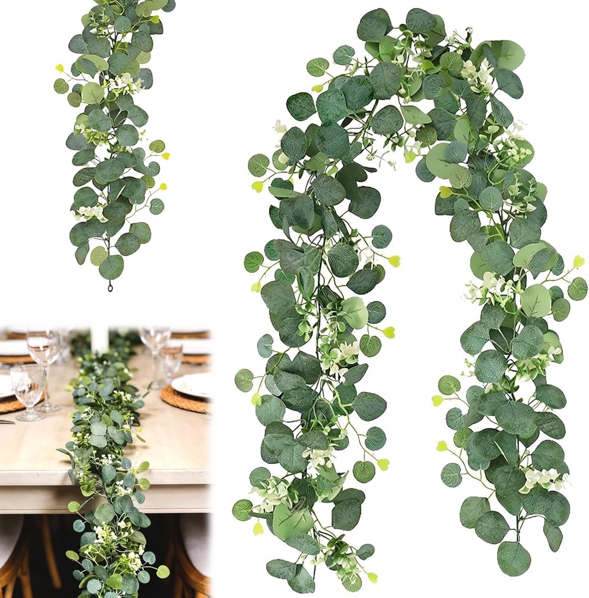 SnelShoppen - Eucalyptus Garland 1.8 m met Witte Bloemen, Kunstplant Decoratie voor Lente, Bruiloft, Tafel en Tuin, Realistisch uitziende Eucalyptus L
