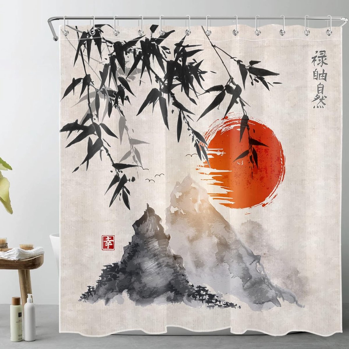 SnelShoppen - Douchegordijn Japans Berglandschap en Zwarte Bamboe - Anti-Schimmel Waterdicht Wasbaar 180x180cm - Inclusief Haakjes voor Badkamer Decor
