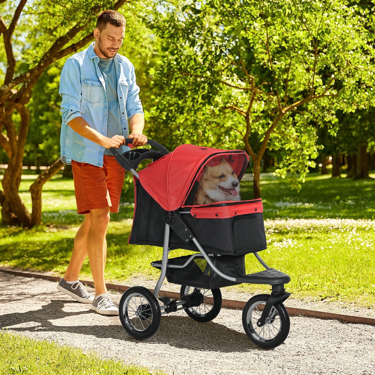 FloraGrace Dierenbuggy – Opvouwbaar Met 3 Wielen – 109,5 x 54,5 x 106,5 cm – Oxford Stof Metaal – Rood Zwart – Voor Honden en Katten