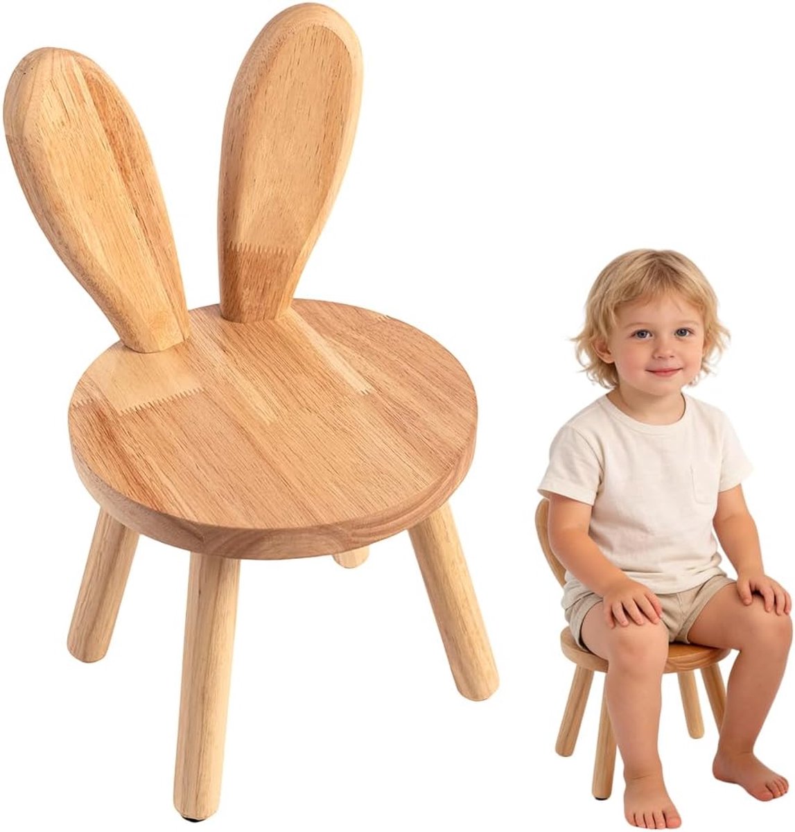 SnelShoppen - Houten Hoge Kinderstoel met Konijnenoortjes, Antislip, Ergonomisch, Ideaal voor Eten en Lezen, Voor Jongens en Meisjes, Perfect voor Kin