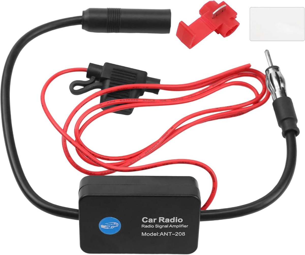 SnelShoppen - Car Radio Antenna Amplifier 12V Universele FM Signaal Booster met Lijm en Rode Clip voor Auto - Verbeterde Ontvangst en Geluidskwaliteit
