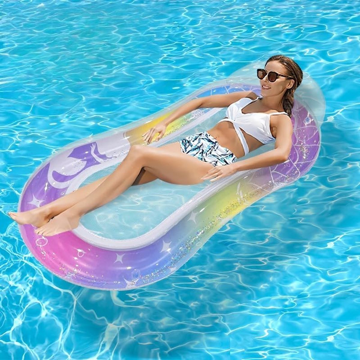 SnelShoppen - Opblaasbare Water Hammock - Zwembad Hammock met Hoofdeinde - Bad Hammock - Water Luchtmatras met Net - Voor Kinderen en Volwassenen - Pe