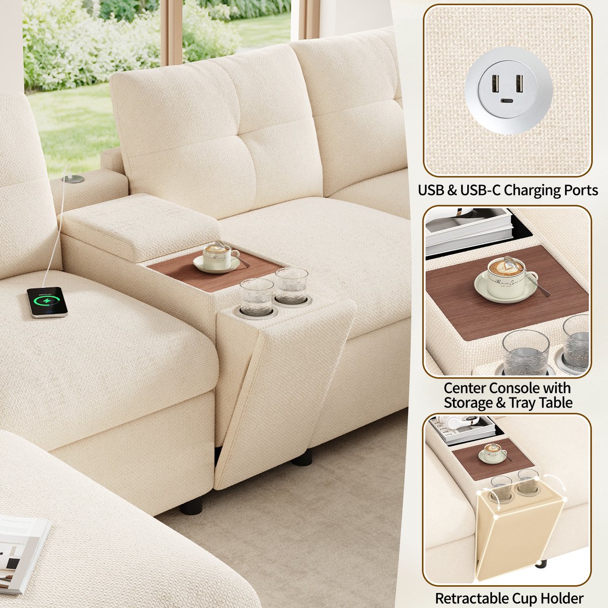 HAUSS SPOLE Hoekbank - Modulaire 6-Zits Bank - Flexibele U-Vorm En L-Vorm Met Opberghockers, Middenconsole En USB - Woonkamer - Chenille Beige
