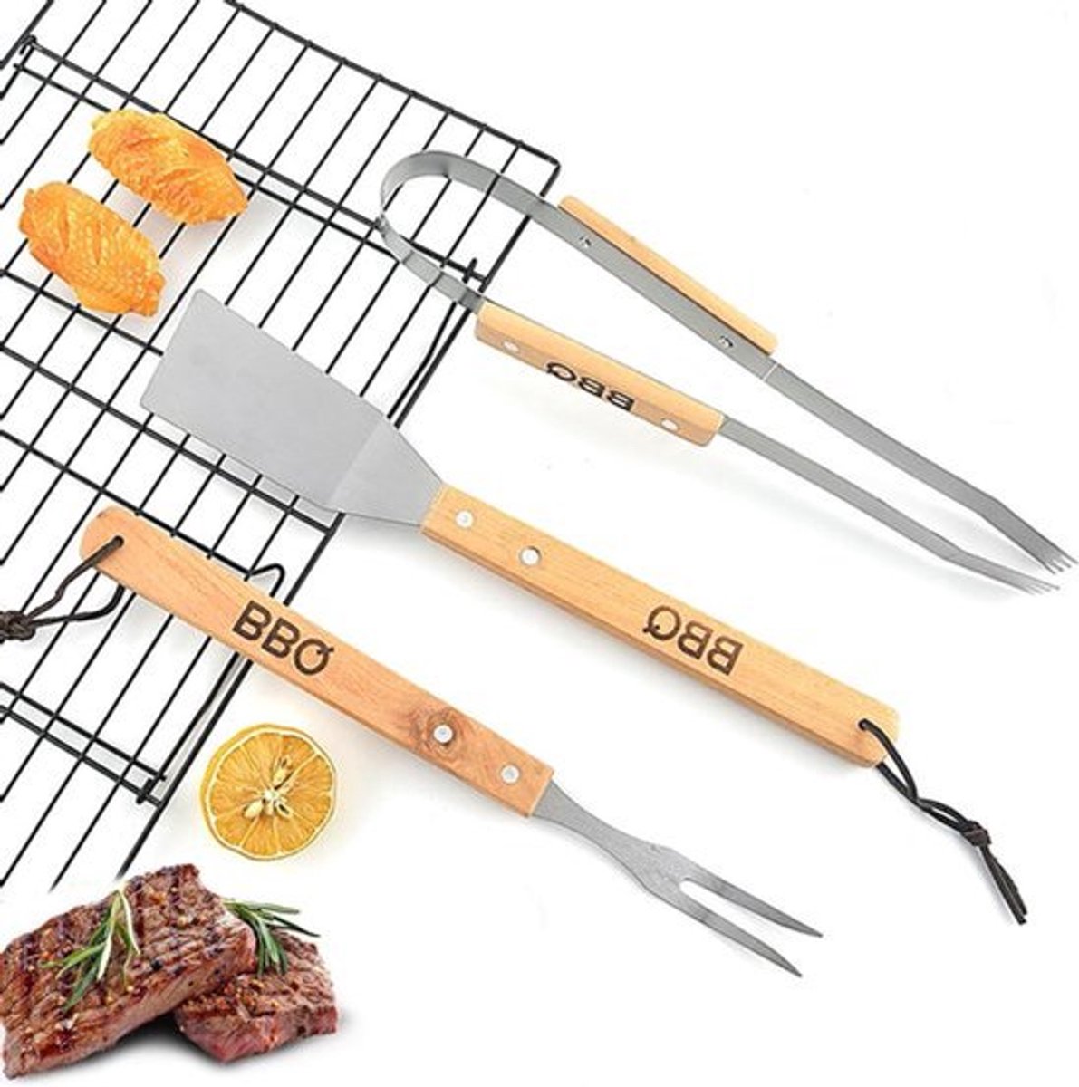 Grillbestekset - barbecue-gereedschapsset met grilltang - houten handgrepen - familiebijeenkomsten