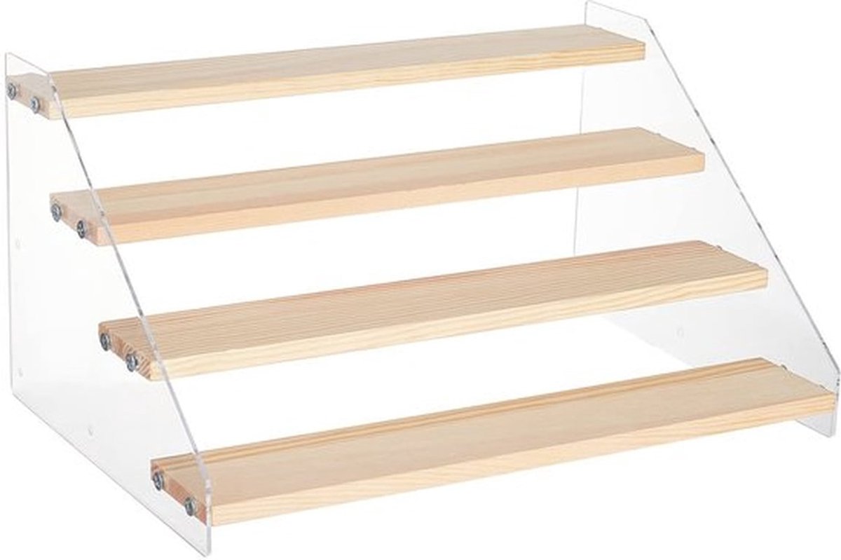 4-staps acryl gelaagde displaystandaard, houten displaystandaards met displaystandaard, doorzichtige displayplank, parfummodelstandaard met plakband voor knutselwerkjes, presentatiecollectie, 30 x