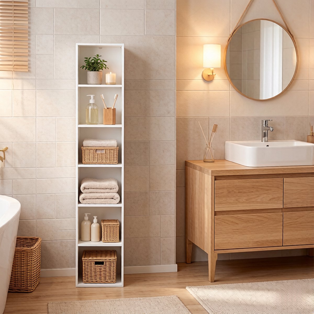 Boekenkast Ruimtebesparend – 30 x 24 x 158,4 cm – MDF En Spaanplaat – Wit – 6 Vakken Voor Woonkamer, Badkamer En Kantoor