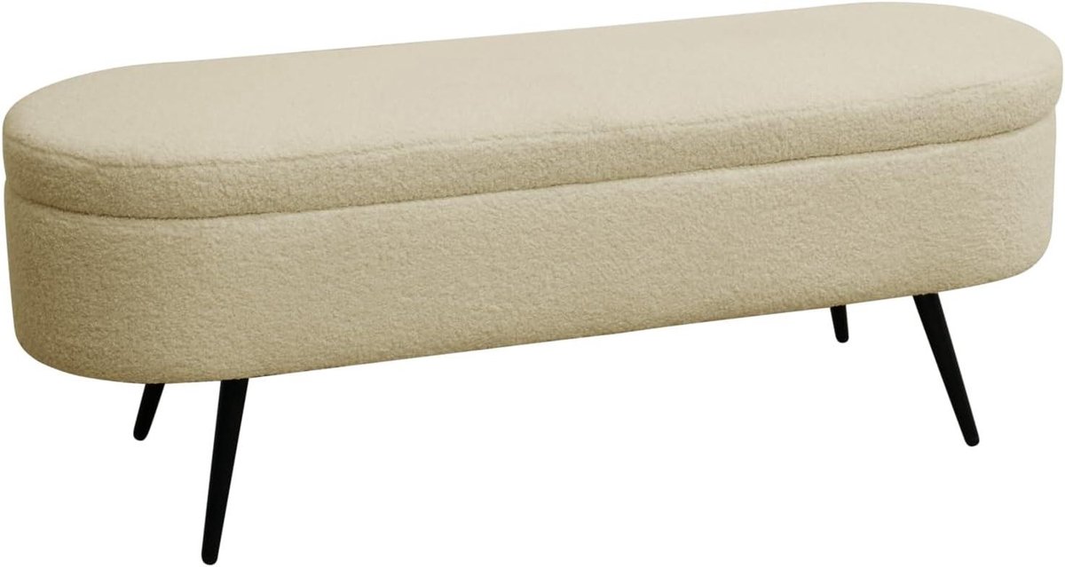 Zitbank met opbergruimte - Poef kistbank - Netjes opbergen - Gezellige teddystof - 118 x 40 x 45 cm - Beige