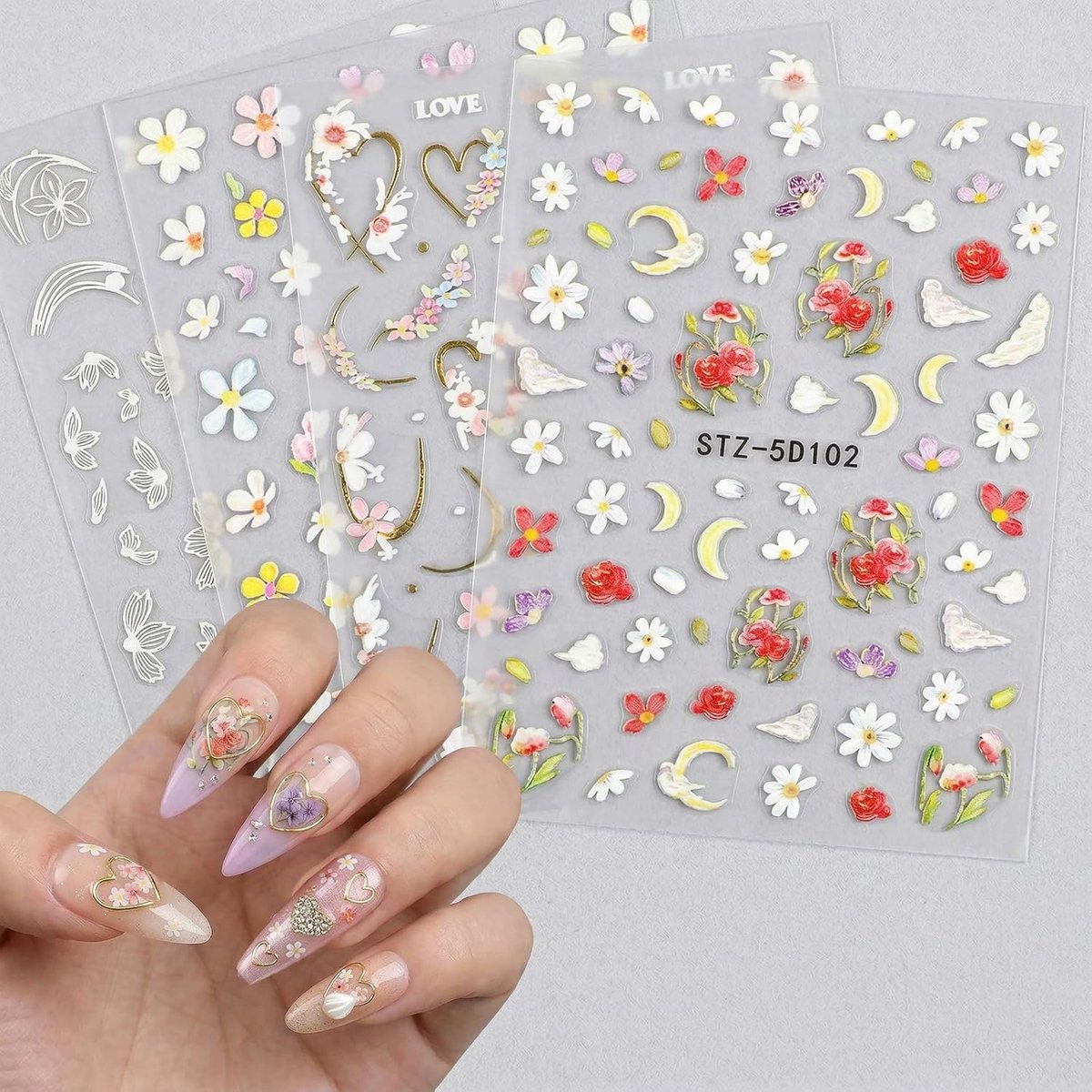 SnelShoppen - 4 vellen 3D-bloem nagelstickers, zelfklevende nail art stickers, kleurrijke bloesem nageldesign accessoires voor lente, feesten en meer