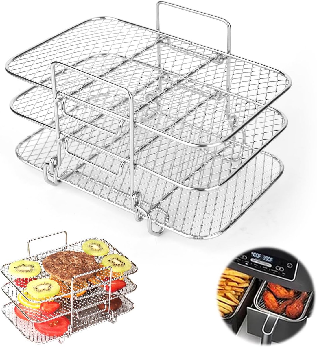 SnelShoppen Grillrooster voor Airfryer Drielaags Roestvrij Staal Rooster voor Heteluchtfriteuse Perfecte Knapperigheid Geschikt voor Keuken en